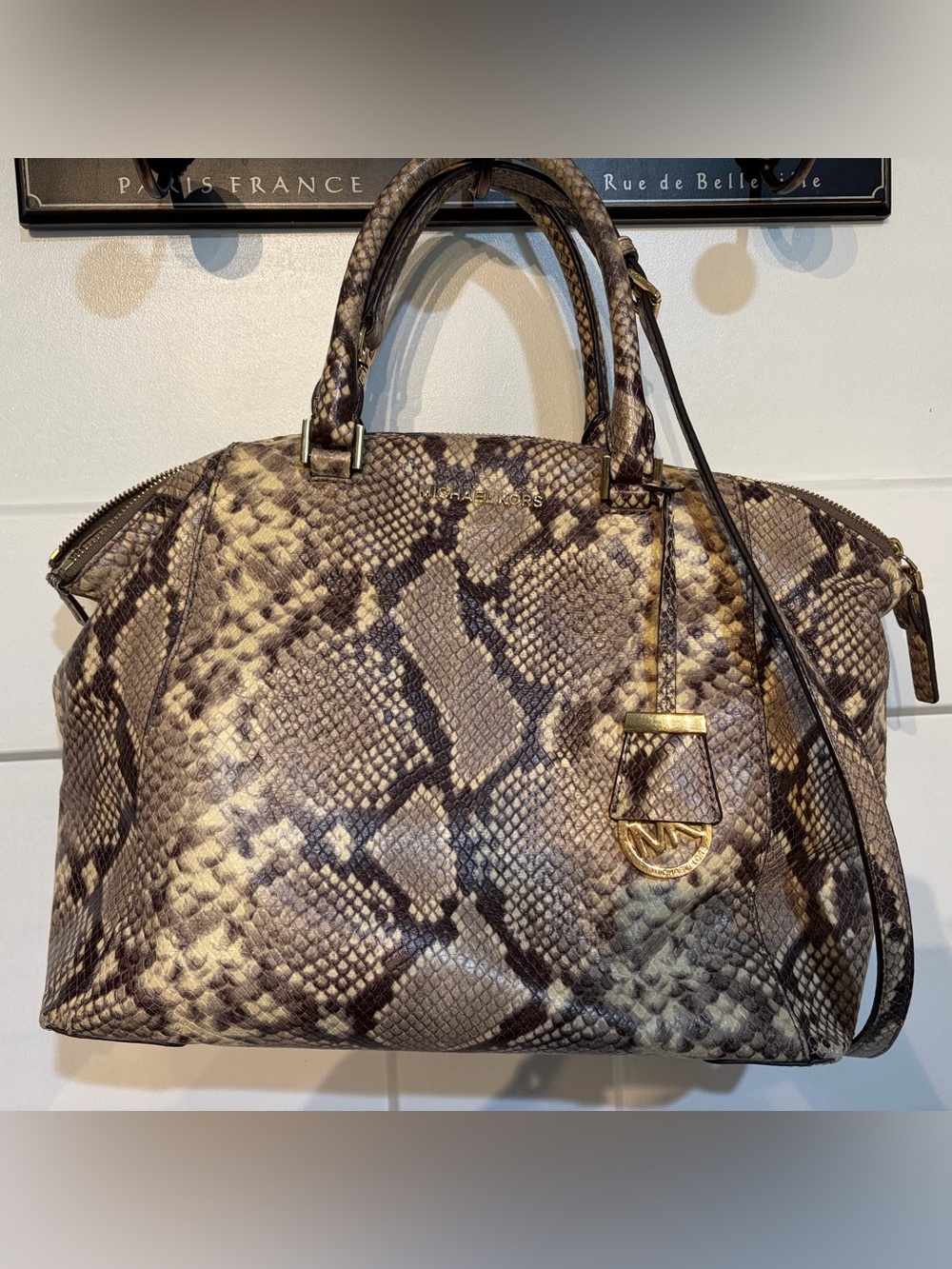 Michael Kors Beige and Brown Snakeskin-Print Satchel